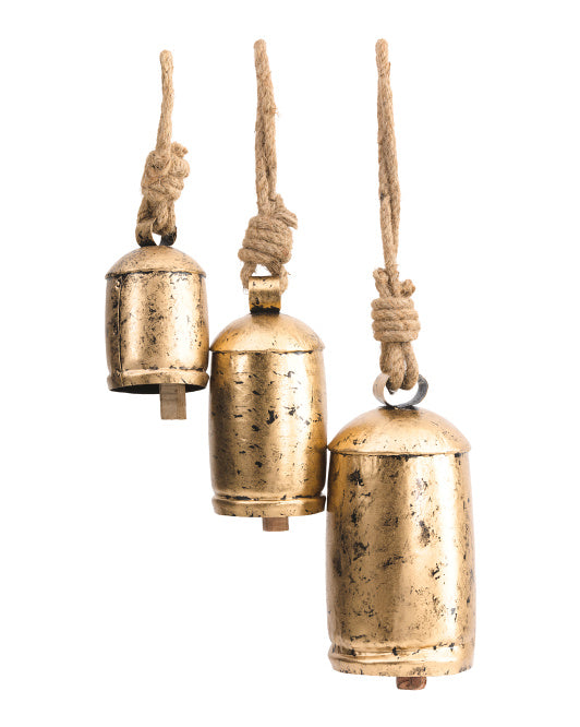Distressed Hanging Holiday Bells with Jute - Set of 3